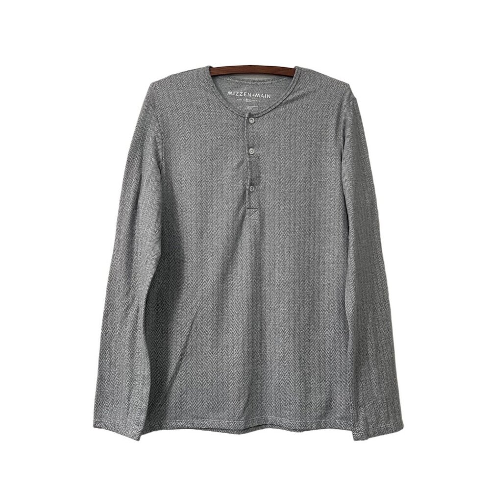 Mizzen Main Gray Herringbone Long Sleeve Henley Knit Shirt Mens Size Large